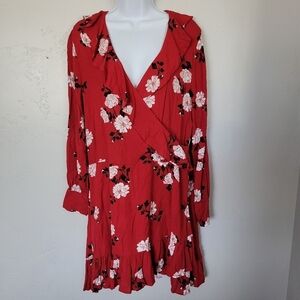 American Rag Small Red Faux Wrap Dress Long Sleeve Floral Print Ruffles